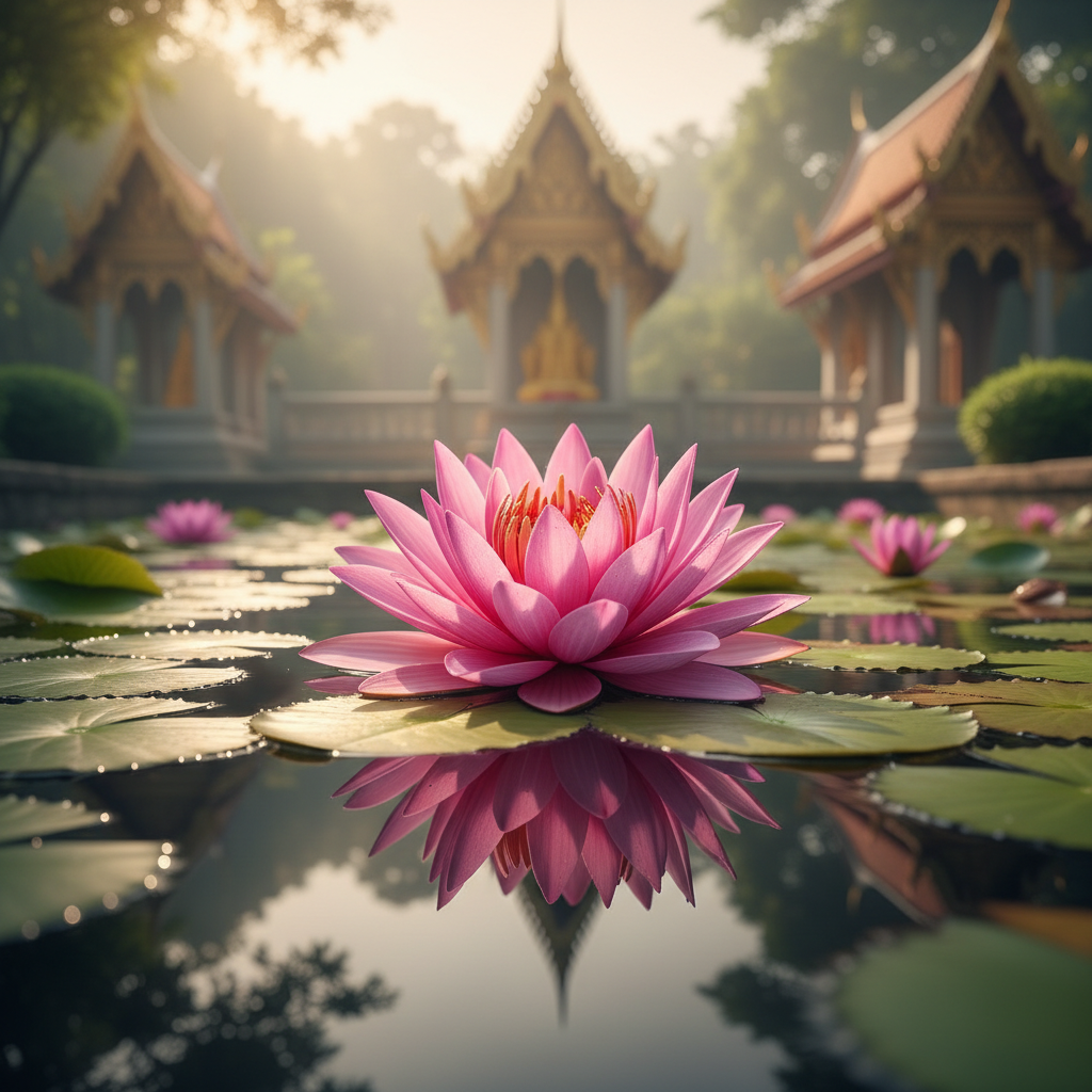 บัวสีชมพูบานในบ่อบัวสวนไทย แสงเช้า สงบร่มรื่น