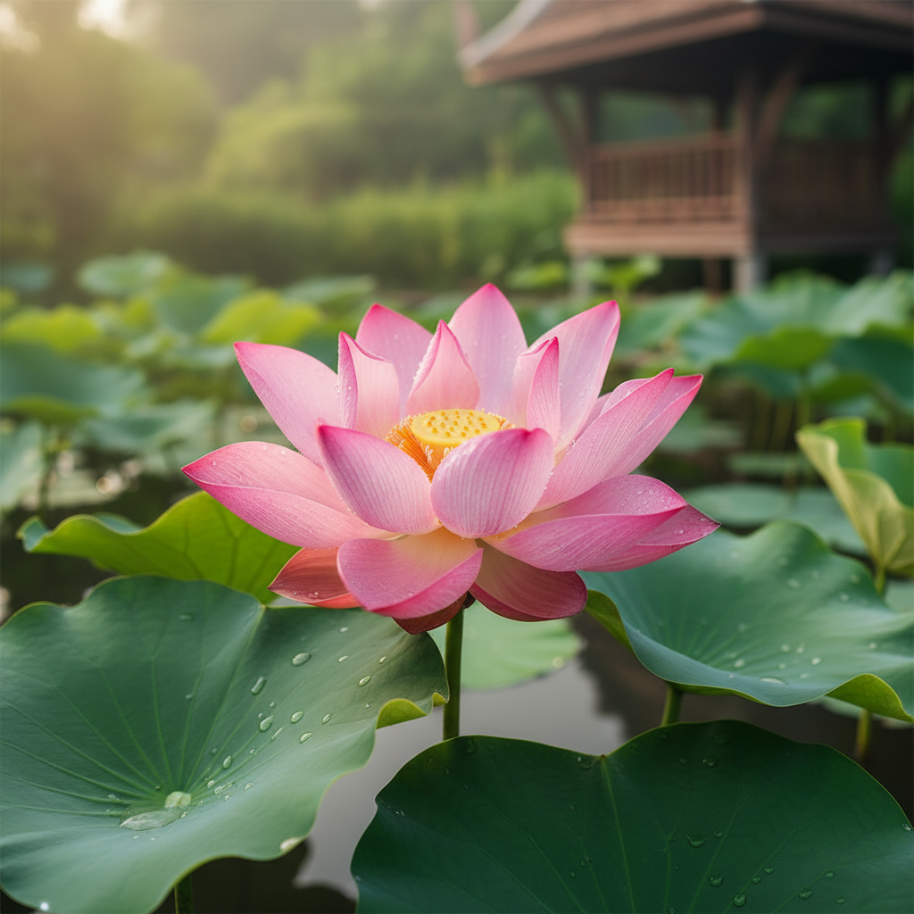 บัวผันดอกชมพูสดใสบานเต็มที่ น้ำค้างบนกลีบดอก