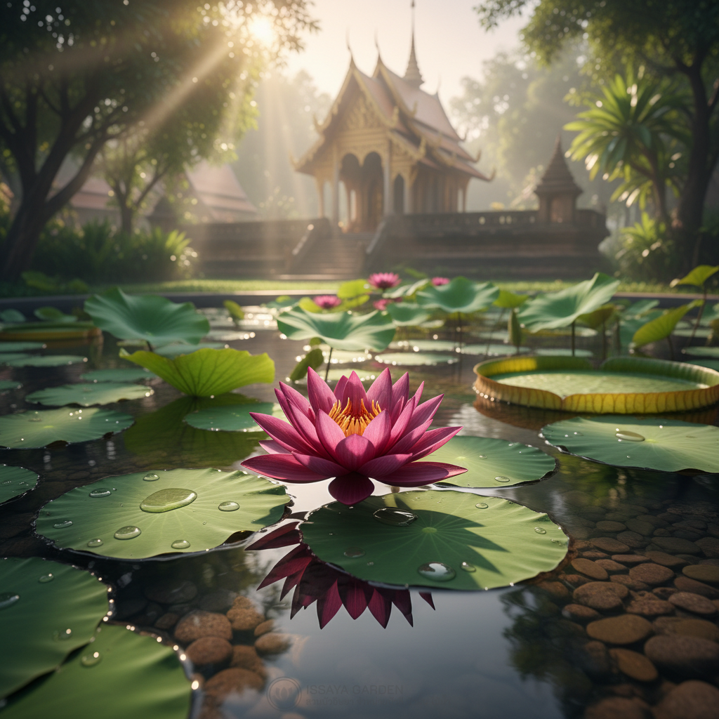 บัวแดงดอกสีแดงเข้มในบ่อบัววัดไทย ศักดิ์สิทธิ์