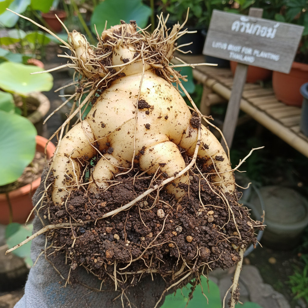 หัวบัวสีสดพร้อมรากสำหรับปลูก ดินชื้น