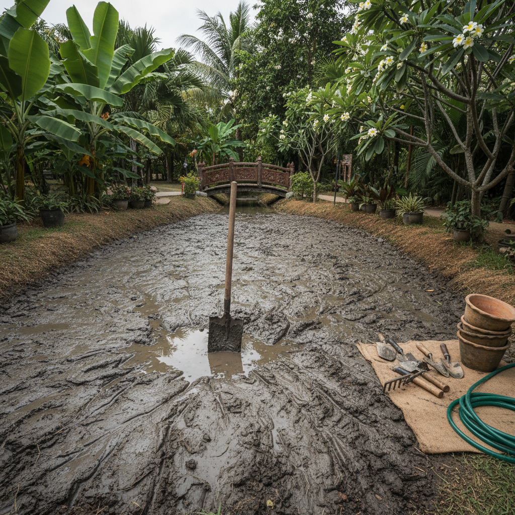 การเตรียมบ่อปลูกบัว ดินโคลนและเครื่องมือทำสวน