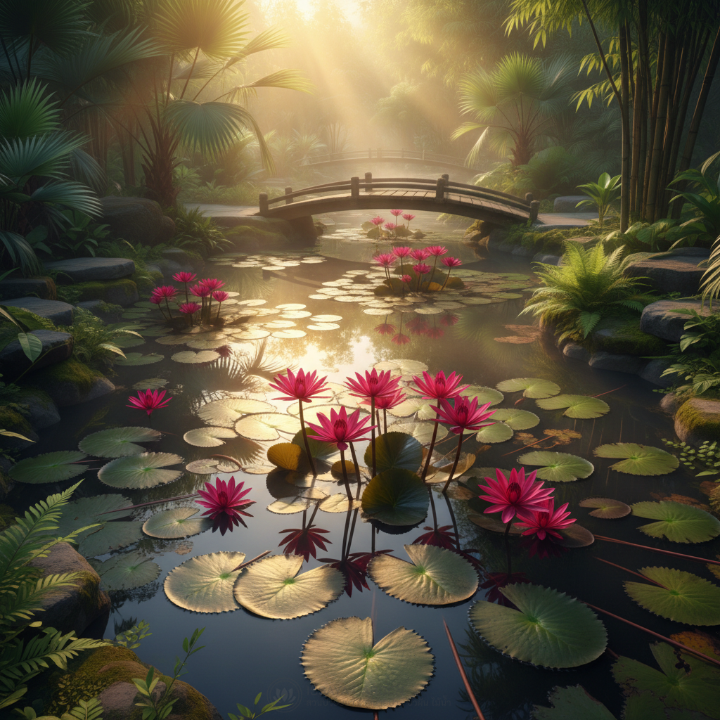 บัวสีดอกแดงในบ่อสวนไทย แสงเช้า สมจริง