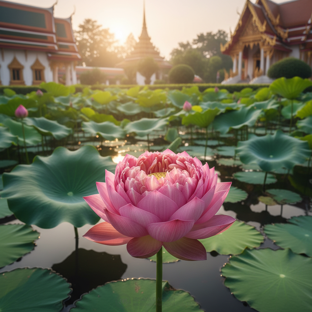 บัวหลวงดอกใหญ่สีชมพูในบ่อวัด แสงเช้า สมจริง