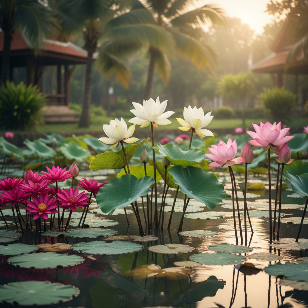 บัวทั้ง 3 ชนิดเรียงข้างกัน บัวสี บัวหลวง บัวผัน สมจริง