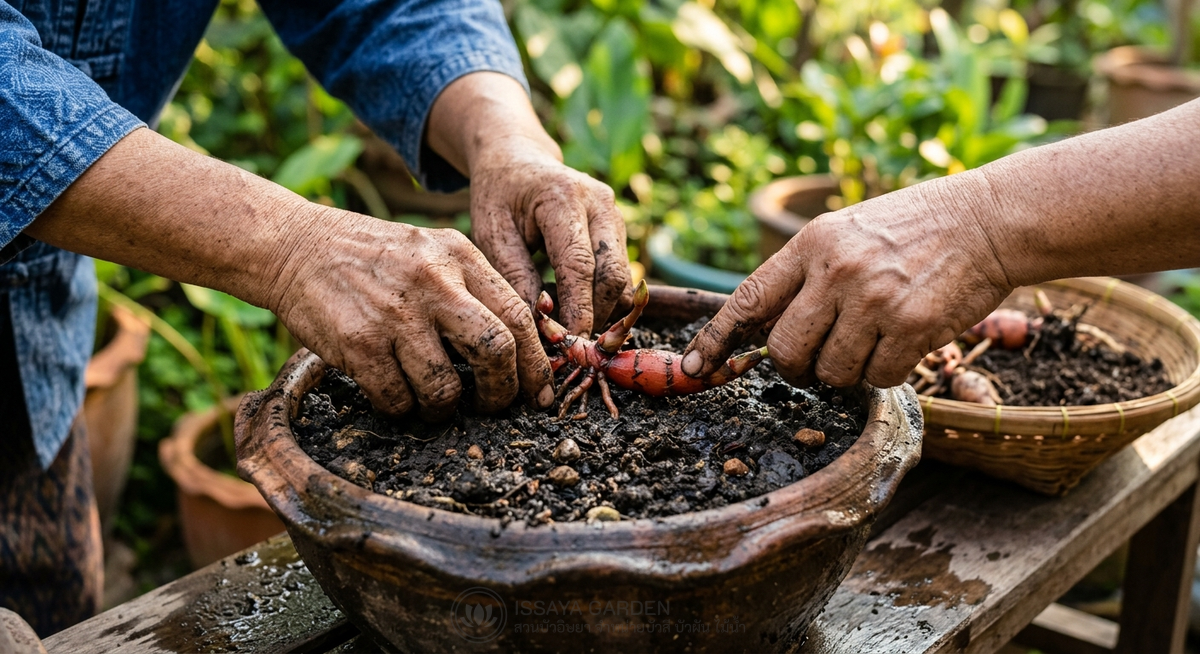 การปลูกบัวในกระถางดินเหนียว