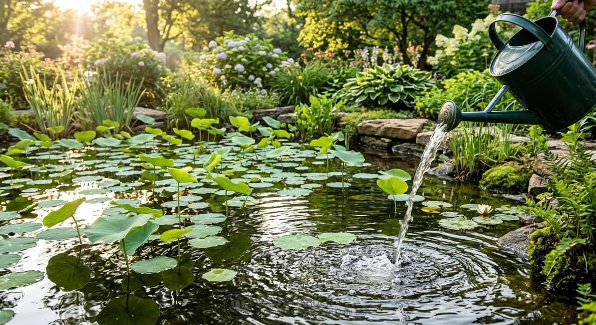การรดน้ำบัวหลวงในบ่อน้ำขนาดใหญ่