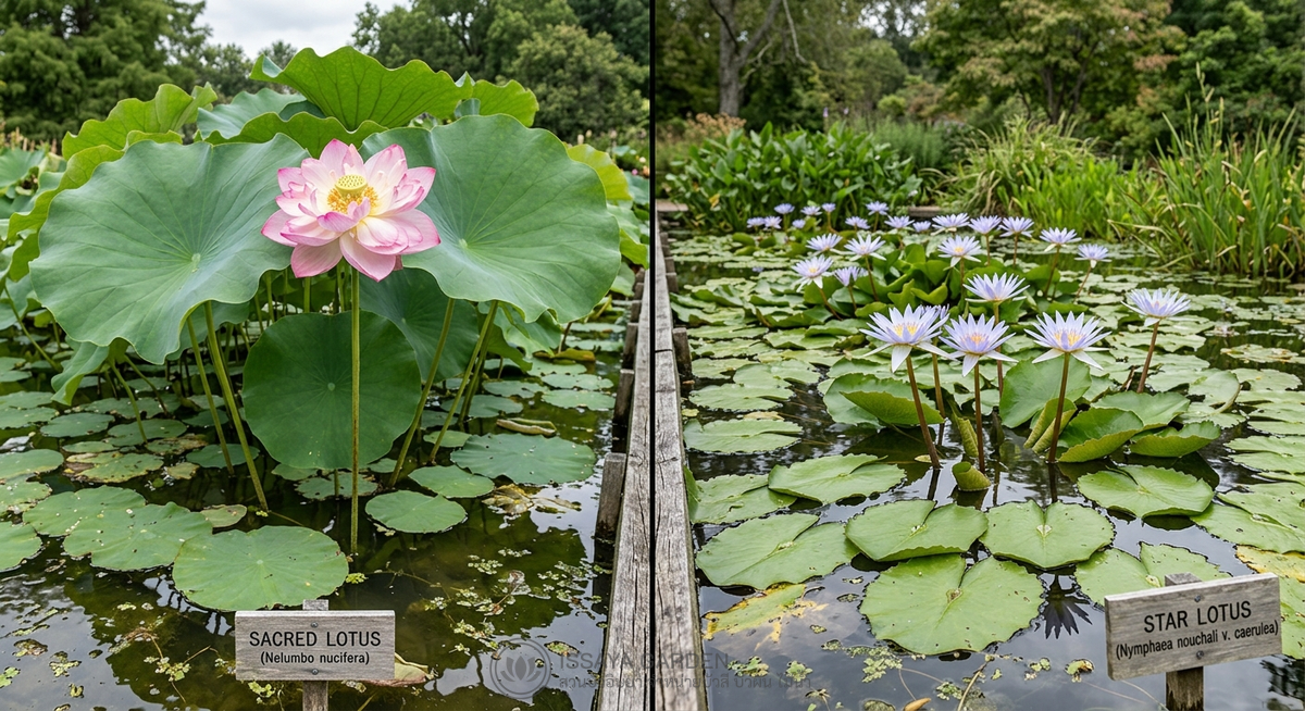 เปรียบเทียบบัวหลวงกับบัวฉัตรในบ่อน้ำ