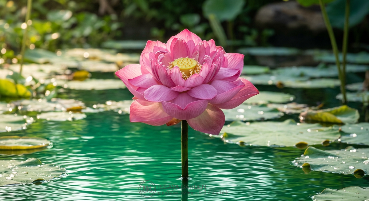 บัวฉัตรสีชมพูบานสวยเหนือผิวน้ำในบ่อน้ำยามเช้า