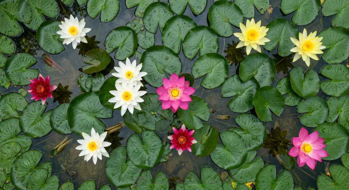 ดอกบัวฉัตรหลากหลายสีในบ่อน้ำ