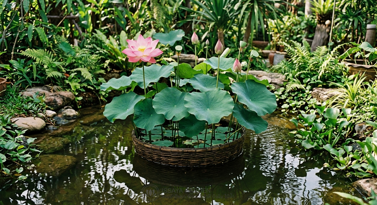บัวฉัตรปลูกในบ่อน้ำขนาดเล็กในสวน