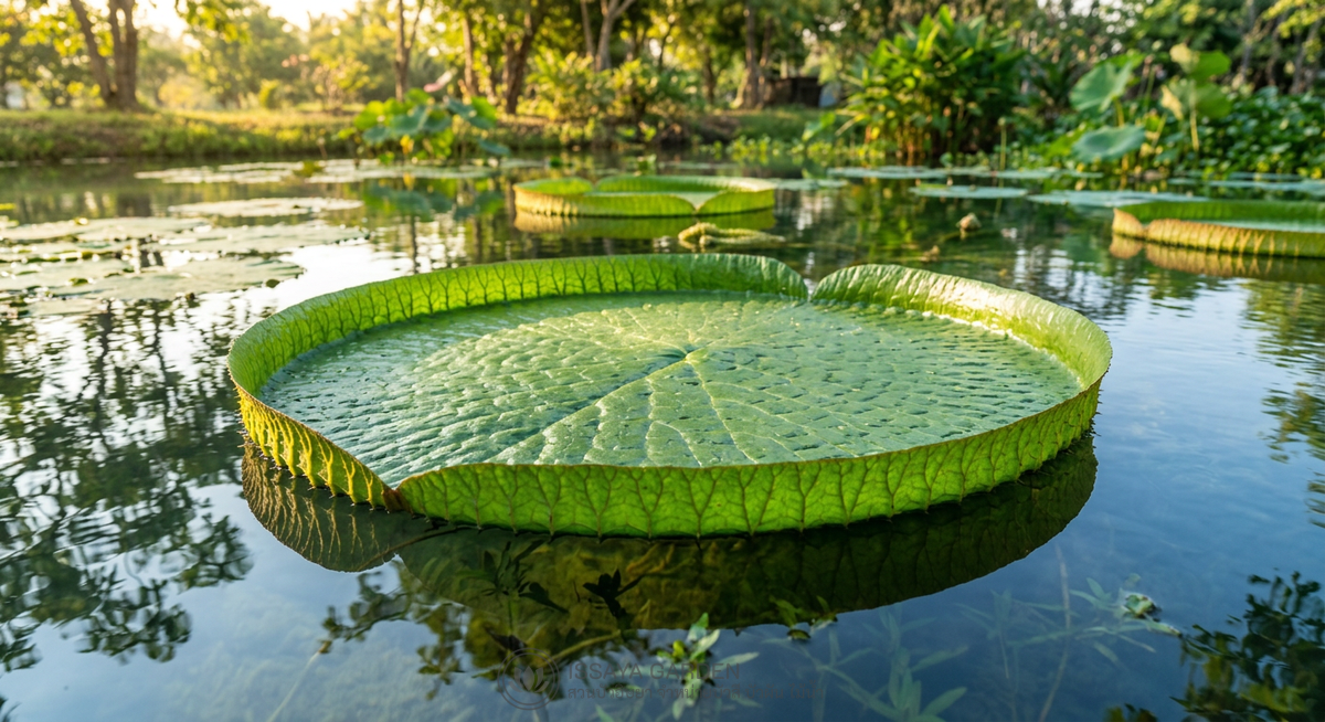 ใบบัวฉัตรสีเขียวลอยบนผิวน้ำใสยามเช้า