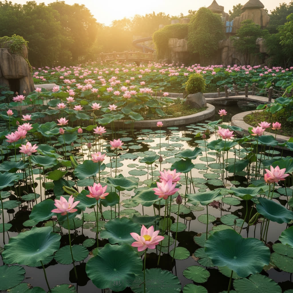 สวนน้ำจริง บัวหลวงชมพู Nelumbo nucifera ดอกเต็มบาน กลีบชมพูอ่อน ดอกยกเหนือผิวน้ำสูง ใบกลมเขียวเข้ม แ