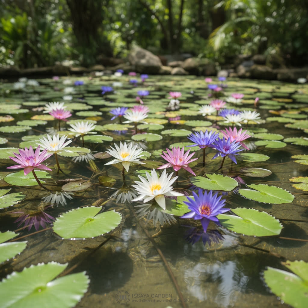 ดอกบัวฉัตรหลายสี Nymphaea water lilies ลอยบนผิวน้ำ ในบ่อเดียวกัน มีดอกสีขาว ชมพู และน้ำเงิน กลีบแหลม