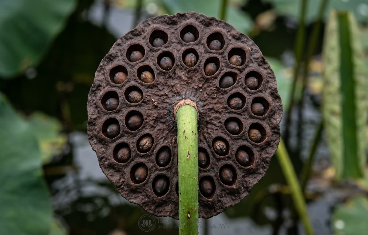 สะดือบัว Nelumbo seed pod receptacle รูปจานแบนกลม คล้ายฝักบัว สีน้ำตาลเข้ม มีเม็ดบัวเล็กๆ ฝังอยู่ในร